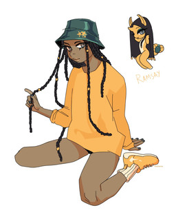 anthro bucket_hat clothing cutaway dreadlocks femboy footwear hat headgear headwear male not_furry_focus shoes solo suutooroo ramsay_(frenky_hw) human lizard mammal reptile scalie hi_res