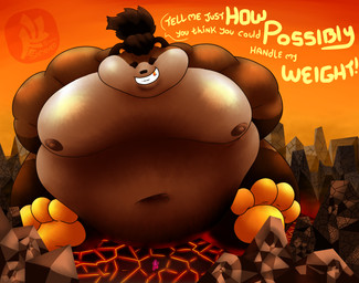 ambiguous_gender anthro belly big_belly brown_body brown_fur canyon cracked_ground cracked_rock duo extreme_size_difference eyes_closed fur gold_(metal) gold_tooth huge_belly hyper lava looming macro male moobs morbidly_obese morbidly_obese_anthro navel nipples obese obese_anthro obese_male overweight overweight_anthro overweight_male pawpads size_difference smile sumo thick_thighs fujiyama_samoyed libra_(fujiyamasamoyed) canid canine mammal raccoon_dog tanuki hi_res shaded soft_shading watermark
