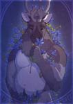 anthro antlers art_nouveau censored convenient_censorship deer flower flower_censor hi_res horn khuraji looking_at_viewer male mammal new_world_deer nude plant pubes reindeer slightly_chubby solo standing