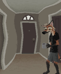 anthro black_clothing black_shirt black_t-shirt black_topwear bottomwear clothed clothed_male clothing container cup door fur grey_bottomwear grey_clothing grey_shorts holding_container holding_cup holding_object inside male orange_body orange_fur shirt shorts solo t-shirt tan_body tan_fur topwear demensa canid canine mammal maned_wolf 5:6 digital_media_(artwork) hi_res pixel_(artwork)