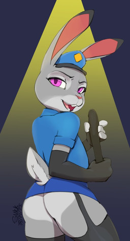 4_fingers anthro armwear black_clothing black_gloves black_handwear black_legwear black_stockings blue_clothing blue_hat blue_headwear blue_shirt blue_topwear bottomless buckteeth butt clothed clothing elbow_gloves eyelashes female fingerless_gloves fingers fur garter_straps gloves grey_body grey_fur handwear hat headgear headwear holding_object holding_weapon legwear looking_at_viewer looking_back melee_weapon nightclub open_mouth police police_hat purple_eyes shirt simple_background smile solo spotlight standing stockings tail teeth thigh_highs tongue topwear weapon white_body white_fur sukk-madikk disney zootopia judy_hopps lagomorph leporid mammal rabbit 2023 dated digital_media_(artwork)