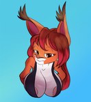 anthro areola areola_slip big_breasts blue_background breasts brown_eyes clothed clothing ear_tuft female fur hair orange_body orange_fur pink_nose red_hair simple_background solo tuft shasheep ashley_(mutagen) caracal caracal_(genus) felid feline mammal bust_portrait hi_res portrait