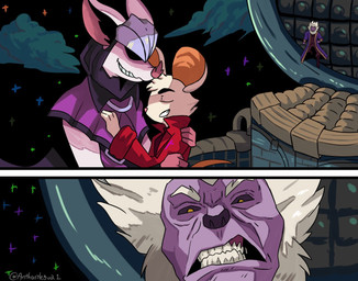 angry anthro armor bat_nose clothed clothing female fully_clothed fur grin group hair headgear helmet hug longcoat male male/female mane purple_body red_clothing smile teeth trio white_body white_fur white_hair anthonylegua1 image_comics invincible_(image_comics) mina_the_hollower yacht_club_games lionel_(mina_the_hollower) mina_(mina_the_hollower) thorne_(mina_the_hollower) bat felid lion mammal mouse murid murine pantherine rodent meme