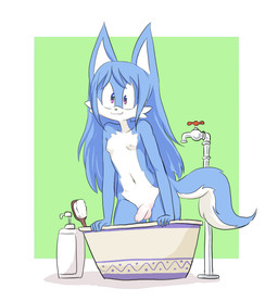 anthro balls bath biped blue_body blue_fur brush femboy flaccid foreskin fur genitals hair humanoid_genitalia humanoid_penis long_foreskin long_hair looking_at_viewer male moobs nude penis purple_eyes solo unretracted_foreskin sparkydb canid canine mammal