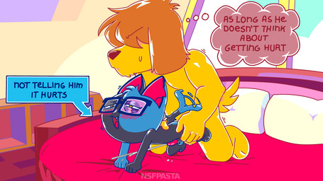 anal anal_orgasm anal_penetration animal_genitalia anthro balls bed bed_sheet bedding bedroom blue_body blue_fur blush bodily_fluids cum cum_while_penetrated duo ejaculation eyewear fur furniture genital_fluids genitals glasses grey_body grey_fur hands-free larger_male looking_pleasured male male/male masochism orgasm painful_penetration penetration sex size_difference smaller_male tail tail_motion tailwag text thought_bubble yellow_body yellow_fur nsfpasta hello_from_halo_head achilles_(hello_from_halo_head) pepper_(batshaped) canid canine felid feline mammal 16:9 4k absurd_res english_text hi_res widescreen