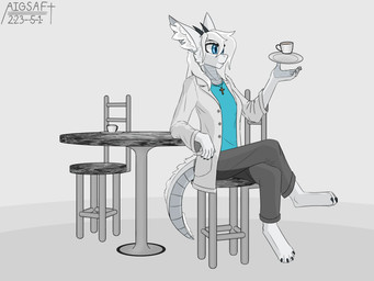 abstract_background anthro beverage blue_clothing blue_eyes blue_shirt blue_topwear bottomwear chair claws clothing coat coffee coffee_cup container cross cross_necklace cup female furniture grey_bottomwear grey_clothing grey_pants hair horn jewelry lab_coat levitation long_hair looking_at_object mug necklace pants plate scales shirt simple_background sitting solo table tail topwear white_body white_hair white_tail aigsaft european_mythology mythology ellen_nielsen_(aigsaft) dragon mythological_creature mythological_scalie scalie western_dragon 2023 4:3 hi_res shaded signature simple_shading