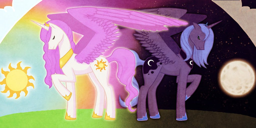 blue_body blue_feathers blue_hair cutie_mark day detailed_background duo feathered_wings feathers female feral hair horn moon night outside pink_hair purple_body purple_feathers sky star starry_sky sun toony wings unknown_artist friendship_is_magic hasbro my_little_pony mythology princess_celestia_(mlp) princess_luna_(mlp) equid equine mammal mythological_creature mythological_equine winged_unicorn sibling_(lore) sister_(lore) sisters_(lore)