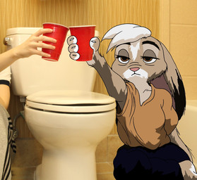 anthro bathroom beverage brown_body brown_eyes brown_fur clothed clothing container cup duo eye_bags faceless_character faceless_human female frown fur holding_beverage holding_object multicolored_body multicolored_fur photo_background shirt solo_focus t-shirt tired_eyes toilet topwear two_tone_body two_tone_fur grummancat disney zootopia fan_character jackie_hopps_(grummancat) human lagomorph leporid mammal rabbit hi_res photography_(artwork)
