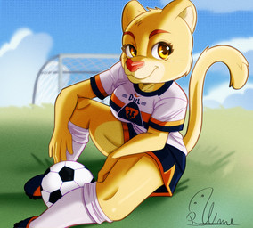 anthro ball breasts cleats clothing female footwear grass pink_nose plant sitting smile soccer soccer_ball soccer_net soccer_socks soccer_uniform socks solo sport sportswear tail thick_thighs uniform rodolfoslime club_universidad_nacional dhl liga_mx goya_(pumas_unam) cougar felid feline mammal 2026 absurd_res hi_res signature