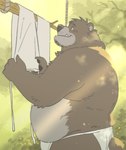 anthro asian_clothing bottomwear clothed clothing drying east_asian_clothing fundoshi japanese_clothing loincloth male partially_clothed slightly_chubby solo underwear washing_clothes garouzuki bear mammal hi_res