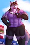 anthro bottomwear burger clothing duo facial_hair fast_food female food goatee green_eyes macro male muscular muscular_anthro muscular_female open_mouth pants restaurant shorts text goattrain sugaryviolet bovid canid canine caprine goat mammal 2020 2:3 absurd_res artist_collaboration english_text hi_res