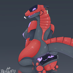 anthro breasts butt duo female female/female genitals grey_body label leg_grab machine multicolored_body nipples paws purple_eyes rear_view red_body thigh_grab tongue vulva racosaurio helper_drone_(vader-san) robot scalie synth_(vader-san) 1:1 absurd_res hi_res