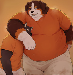 anthro belly big_belly black_body black_nose bottomwear brown_body clothing duo hug kemono male musk one_eye_closed orange_clothing orange_shirt orange_topwear overweight overweight_male shirt shorts simple_background size_difference topwear white_body noctnoc bernese_mountain_dog canid canine canis domestic_dog mammal molosser mountain_dog swiss_mountain_dog 2025 absurd_res hi_res