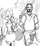 anthro clothed clothing duo fully_clothed male smile walking noctoc dreamworks john_wick the_bad_guys diane_foxington john_wick_(character) keanu_reeves canid canine fox human mammal 2022 crossover digital_media_(artwork) hi_res monochrome sketch