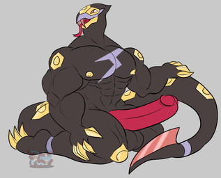 abs anthro anthrofied areola balls barazoku biceps big_balls big_muscles big_pecs big_penis black_balls black_body blade claws erection facial_markings fangs forked_tongue genitals hand_on_tail head_markings huge_muscles huge_pecs huge_penis humanoid_genitalia humanoid_penis kneeling male markings muscular nipples nude_anthro nude_male open_mouth pecs penis pokemorph purple_markings red_eyes red_penis red_sclera simple_background solo tail tail_blade teeth toe_claws tongue tongue_out triceps weapon_tail yellow_areola yellow_claws yellow_markings yellow_nipples daikuhiroshiama nintendo pokemon generation_3_pokemon pokemon_(species) seviper 2026 hi_res watermark