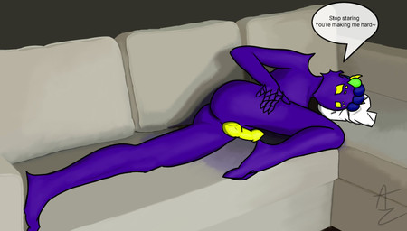 alien_genitalia biped blue_hair butt claws erection feet finger_claws fingers furniture genitals green_hair hair hand_on_hip horn looking_at_viewer lying lying_on_sofa male mouthless multi_eye multicolored_hair not_furry nude nude_male on_sofa penile penis presenting purple_body sex sofa solo speech_bubble spread_legs spreading teasing teasing_viewer text yellow_eyes az9a3l azrael_(az9a3l) alien humanoid digital_drawing_(artwork) digital_media_(artwork) english_text hi_res
