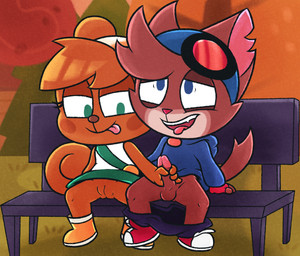 bench blush bottomwear clothed clothing erection eyewear female genitals goggles handjob hoodie looking_pleasured male naughty_face open_mouth outside penile penis sex sitting skirt smile spread_legs spreading tail topwear upskirt vulva young young_female young_male anonymous_artist scarr_(artist) murphy_and_mitzi mitzi_(ajmarekart) murphy_(ajmarekart) canid canine fox mammal rodent sciurid tree_squirrel 2025 artist_collaboration