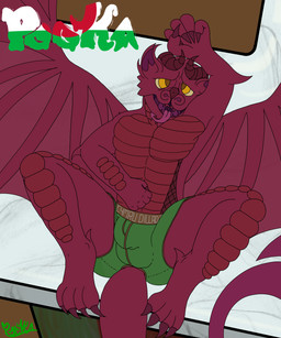 anthro boxers_(clothing) boxers_only bulge clothed clothing counter detailed_bulge green_clothing green_underwear highlights_(coloring) horn kitchen logo lying male marble on_back red_body solo text topless underwear underwear_only white_clothing wings wood yellow_eyes pookashifts mythology pooka_(pookashifts) dragon mythological_creature mythological_scalie scalie 5:6 absurd_res hi_res signature welsh_text