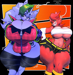 anthro bedroom_eyes big_breasts breast_squish breasts clothing crossgender duo ear_piercing female fur genitals green_hair grin grinning_at_viewer hair half-closed_eyes happy headgear headwear huge_thighs looking_at_viewer looking_pleasured machine mostly_nude mtf_crossgender narrowed_eyes nipples open_mouth overflowing_breasts piercing purple_body red_body seductive simple_background smile smiling_at_viewer squish tail teeth text thick_thighs topwear wide_hips yellow_eyes anaroth cryptiacurves_(modeler) justminkov_(modeler) five_nights_at_freddy's five_nights_at_freddy's:_security_breach five_nights_at_freddy's_2 fredina's_nightclub scottgames steel_wool_studios fexa_(cryptiacurves) foxy_(fnaf) roxanne_wolf android animatronic canid canine canis domestic_dog fox humanoid mammal robot robot_anthro robot_humanoid wolf 3d_(artwork) cel_shading digital_media_(artwork) english_text hi_res shaded widescreen