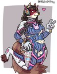 anthro areola blush breasts clothed clothing cosplay ear_piercing electronics facial_piercing female gesture hand_gesture hand_on_hip headphones multi_nipple nipples nose_piercing piercing septum_piercing solo torn_clothing v_sign thatsexdog blizzard_entertainment overwatch d.va_(overwatch) sammy_(murrmomi) mammal procyonid raccoon hi_res