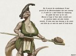 anthro big_breasts bone_frill bread breasts cleavage clothed clothing female food frill_(anatomy) harvesting_tool horn journal_entry solo text upai pangaea_(upai) dinosaur hadrosaurid ornithischian ornithopod parasaurolophus prehistoric_species reptile scalie english_text hi_res