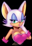 anthro big_breasts blue_eyes breasts clothing eyelashes female fur gloves handwear heart_clothing heart_symbol latex latex_clothing latex_skinsuit lips long_ears long_eyelashes makeup medium_breasts rubber_clothing skinsuit solo spandex tan_body tan_skin thick_lips tight_clothing toony white_body white_fur 1ndigocat sega sonic_the_hedgehog_(series) rouge_the_bat bat mammal 2022 alpha_channel half-length_portrait hi_res portrait