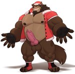 animal_genitalia anthro balls beard belly big_pecs big_penis bodily_fluids brown_body brown_fur brown_hair christmas_clothing christmas_headwear clothed clothing costume dark_nipples erection facial_hair fur genitals gloves hair handwear hat headgear headwear holidays knot looking_at_viewer male musclegut muscular muscular_anthro muscular_male nipples open_mouth overweight overweight_male partially_clothed pecs penis santa_costume santa_hat sheath simple_background smile solo sparkles teeth white_background yellow_eyes same22shark christmas mythology shimy_(shimynsfw) canid canine canis mammal mythological_canine mythological_creature werecanid werecanine werecreature werewolf wolf 2023 hi_res