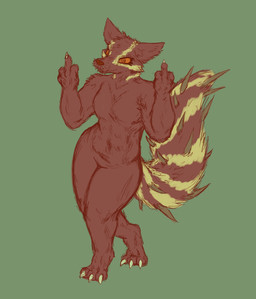 abs angry anthro digitigrade featureless_crotch female flat_chested flipping_viewer_off gesture hand_gesture looking_at_viewer middle_finger mouth_closed muscular navel nude orange_eyes red_body simple_background solo spikes spikes_(anatomy) teeth thick_thighs axentooth sabrina_(axentooth) canid canine fox mammal monster red_fox true_fox