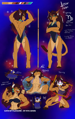 anthro brown_body brown_fur clothing female fur gem green_eyes hair mask multicolored_hair muscular reff scar solo staff text kyu-maru lushy_(kyu-maru) canid canine canis felid hybrid jackal lion mammal pantherine absurd_res english_text hi_res