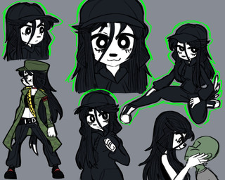 5_fingers anthro belt black_body black_eyes black_fur black_hair black_nose bottomwear breasts clothing cosplay dipstick_tail duo eyelashes female fingers floppy_ears footwear fur glowing green_body green_glow green_skin grey_background hair hair_over_eye hand_on_face hat headgear headwear holding_face hoodie jacket long_hair looking_aside looking_at_another looking_at_viewer looking_up male male/female markings midriff multicolored_body multicolored_fur one_eye_obstructed pants plantigrade pupils raised_arm shirt shoes simple_background smile solo stretching tail tail_markings topwear two_tone_body two_tone_fur white_body white_fur white_pupils thighlordash mysims anon bridgette_(thighlordash) jenny_(mysims) canid canine canis domestic_dog human hunting_dog mammal terrier 5:4 bust_portrait portrait