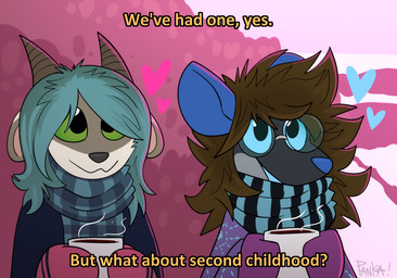age_regression anthro beverage blue_body blue_ears blue_eyes blue_hair blue_insides blue_nose blue_scarf blue_skin brown_hair brown_horn clothing container cup duo eyewear female fur glasses green_eyes grey_body grey_fur hair handwear heart_symbol horn mittens mug outside scarf snow tan_body tan_fur text young young_female pankallisti circe_(pankallisti) bovid caprine mammal murid murine rat rodent sheep english_text