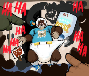 5_fingers ageplay anthro baby_powder big_diaper biped black_nose blue_clothing blue_footwear blue_pacifier blue_shirt blue_shoes blue_topwear blush brown_body brown_fur claws clean_diaper clothed clothing diaper diaper_fetish duo_focus embarrassed evil_grin fingers footwear fur green_body group humiliation infantilism laugh male overweight overweight_anthro overweight_male pacifier public public_humiliation roleplay shirt shoes sign silhouette simple_background smile teeth text topwear tusks underbite wearing_diaper white_diaper anothermeekone bearinthebox_(character) echo_(alphaborc) bear mammal shadow_creature 2024 absurd_res digital_media_(artwork) english_text hi_res