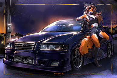 anthro belt black_body black_fur blue_eyes bottomwear brown_hair car chest_tuft clothed clothed_anthro clothed_female clothing crop_top digitigrade dipstick_tail female female_anthro fur hair leaning_on_car markings multicolored_body multicolored_fur navel night purple_car red_body red_fur shirt shorts solo tail tail_markings text tinted_windows topwear tuft utility_pole vehicle white_body white_fur ailensolid toyota toyota_chaser twokinds laura_(twokinds) canid canine fox mammal 2026 artist_name hi_res