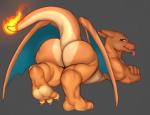 2018 3_toes ambiguous_gender bent_over big_butt blush bodily_fluids butt charizard claws feet feral fire generation_1_pokemon grey_background looking_back nintendo orange_body orange_skin pokemon pokemon_(species) presenting scalie seniorseasalt simple_background smile soles solo sweat tail toe_claws toes tongue tongue_out wings