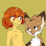 anthro areola breasts brown_body brown_eyes brown_fur duo female female/female female_anthro fur gloves_(marking) hair looking_at_another markings red_eyes red_hair simple_background white_body white_fur conditional_dnp gender_stupid averi_(fiddleafox) unnamed_character canid canine fox human mammal 1:1 grandfathered_content