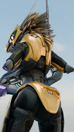 amputee antenna_wire anthro armor butt butt_focus carbine disability face_covered feather_hair feathered_crest feathers female full_armor glowing glowing_eyes grey_body grey_scales gun head_crest headgear helmet low-angle_view missing_all_arms missing_arm missing_limb pseudo_hair ranged_weapon rear_view scales solo weapon white_eyes yellow_body yellow_feathers synca pickle_juice_(modeler) halo_(series) microsoft xbox_game_studios syn_igi alien avian kig-yar scalie t'vaoan 3d_(artwork) 9:16 colored digital_media_(artwork) hi_res