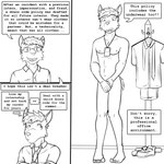 1:1 anthro black_and_white clothed clothed/nude clothed_male clothing collared_shirt comic covering covering_crotch dialogue duo embarrassed english_text eyewear felid fully_clothed fuze glasses hi_res lanyard male mammal monochrome navel necktie nipples nude text