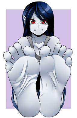 5_toes barefoot black_hair breasts cleavage clothed clothing fangs feet female foot_focus grey_body hair humanoid_feet long_hair lying not_furry plantigrade red_eyes simple_background smile soles solo teeth toes cyborg-steve adventure_time cartoon_network marceline_abadeer humanoid vampire absurd_res digital_media_(artwork) hi_res