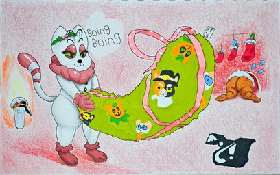 anthro bodily_fluids bow_ribbon butt chimney clothing dick_in_a_box duo female fire gift gingerbread_man group holidays legwear male male/female stockings stuck sweat sweatdrop trash_can acstlu marthan_crowl_(artist) sushiamazing christmas april_the_fool_(acstlu) junipurr pumkat turkitty felid feline mammal absurd_res hi_res