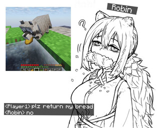 ambiguous_gender bread_in_mouth breasts dialogue female feral grass hair looking_at_viewer plant question_mark screencap simple_background text tired_eyes water white_background mooswig arknights hypergryph microsoft minecraft mojang studio_montagne xbox_game_studios robin_(arknights) animal_humanoid humanoid mammal mammal_humanoid procyonid procyonid_humanoid raccoon raccoon_humanoid 2026 digital_media_(artwork) english_text
