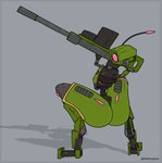 1_eye ambiguous_gender antennae_(anatomy) armless armor biped breastplate butt cannon crouching featureless_feet feet green_armor green_body grey_background gun head_cannon looking_at_viewer looking_back looking_back_at_viewer machine pink_eyes pink_light ranged_weapon rear_view shadow simple_background solo text weapon methados new_blood_interactive ultrakill sentry_(ultrakill) living_machine robot 2022 absurd_res artist_name flat_colors full-length_portrait hi_res portrait