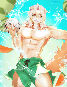 abs anthro areola athletic athletic_anthro athletic_male ball bottomwear clothing food fruit fur hair holding_ball holding_object horn long_hair looking_at_viewer male melon plant shorts solo swimwear tail tan_body tan_fur watermelon white_body white_fur dobbodob_69 arknights hypergryph studio_montagne hung_(arknights) canid canine canis domestic_dog mammal 2023 hi_res