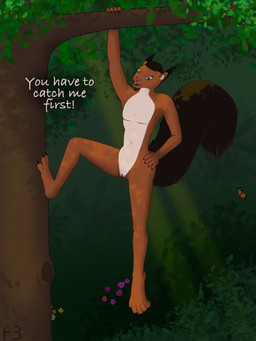 andromorph anthro belly big_tail buckteeth climbing climbing_tree dappled_light dialogue ear_tuft fluffy fluffy_tail forest genitals green_eyes intersex light light_beam plant solo speech_bubble sunbeam sunlight tail teeth text tree tuft vulva white_belly hazel_byrne_(artist) hazel_byrne eurasian_red_squirrel mammal rodent sciurid tree_squirrel 3:4 absurd_res english_text hi_res
