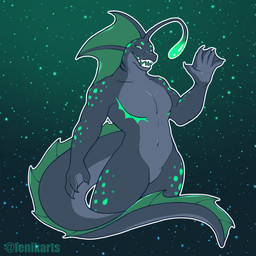 anthro bioluminescence featureless_crotch fin gills glowing lure_(anatomy) male markings mastectomy_scar membrane_(anatomy) non-mammal_mastectomy_scar scar solo spots spotted_body fenikarts poseidon_(some_dumm_wah) some_dumm_wah_(character) anglerfish aquatic fish 1:1 absurd_res hi_res trans_(lore) trans_man_(lore)