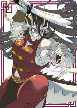 anthro asian_clothing black_hair chinese_clothing clothing dao_(sword) east_asian_clothing grey_body hair heart_symbol holding_object holding_weapon horn male melee_weapon muscular muscular_anthro muscular_male navel pecs purple_eyes solo sword tail weapon kusarikakemono lifewonders mythology tokyo_afterschool_summoners fuxi_(tas) dragon mythological_creature mythological_scalie scalie hi_res