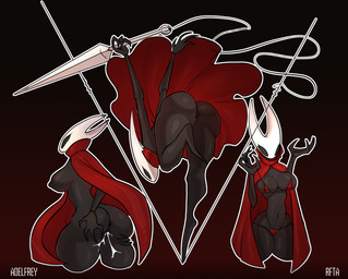 anthro anus arthropod_webbing big_breasts bikini black_body breasts butt butt_grab cloak clothing female front_view genitals hand_on_butt horn melee_weapon nipples nude raised_arms rear_view red_cloak red_clothing simple_background solo swimwear sword two-piece_swimsuit vulva weapon adelfrey rfta hollow_knight_(franchise) team_cherry hornet_(hollow_knight) arachnid arthropod spider hi_res