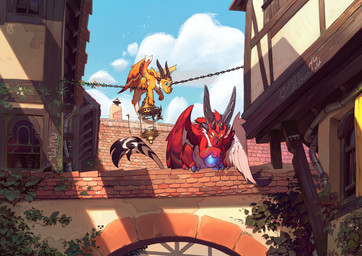 2_horns ambiguous_gender blue_eyes blue_sky building city city_background detailed_background duo feathers feral fur green_eyes horn leaf orange_body orange_feathers orange_wings orb outside plant quadruped red_body red_feathers red_fur renaissance_architecture sky tail timber_framed_architecture urban vines vines_on_building window wings spacejunk european_mythology mythology dragon furred_dragon furred_scalie mythological_creature mythological_scalie scalie western_dragon 2022 absurd_res constructed_language hi_res
