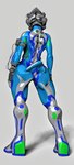absurd_res ambiguous_gender android anthro biomechanical blue_body butt clothing cybernetic_arm cybernetic_head cybernetic_limb footwear full-length_portrait grey_background hi_res high_heels machine mechafurry multicolored_body platform_footwear platform_heels portrait rear_view robot sdx3 simple_background solo wire