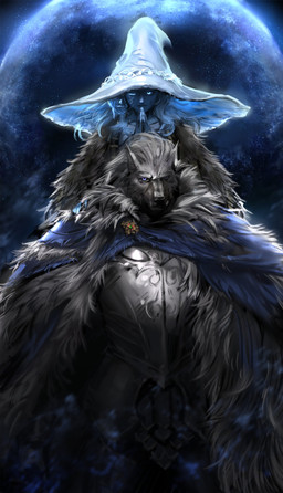anthro armor blue_eyes cape clothed clothing duo fangs female fur glowing glowing_clothing glowing_eyes grey_body grey_fur hair hands_together hat headgear headwear looking_at_viewer male one_eye_closed teeth witch_hat dopq elden_ring fromsoftware blaidd_(elden_ring) ranni_the_witch canid canine canis human mammal wolf absurd_res hi_res