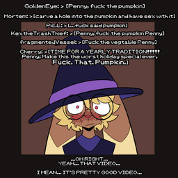 anthro blush bodily_fluids clothing eyewear female glasses hat haunted_house headgear headwear holidays solo sweat text wearing_glasses wide_eyed witch_costume witch_hat corruptedcryptid halloween nintendo pokemon penny_(corruptedcryptid) generation_4_pokemon lopunny pokemon_(species) english_text hi_res trans_(lore) trans_woman_(lore)